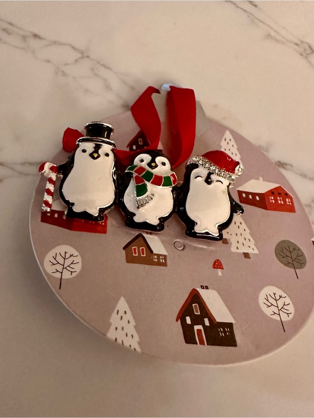 Holiday Penguin Trio Brooch - Red Accents